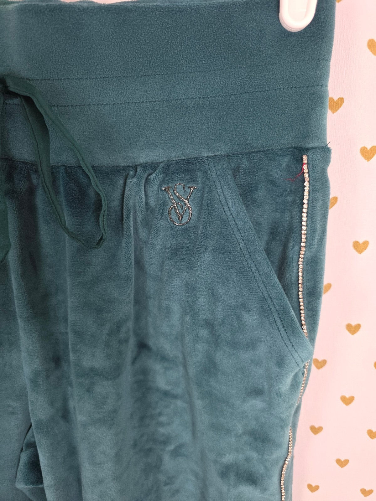 Victoria's Secret On Point Velour Tracksuit XS Teal Rhinestone Hoodie Pants