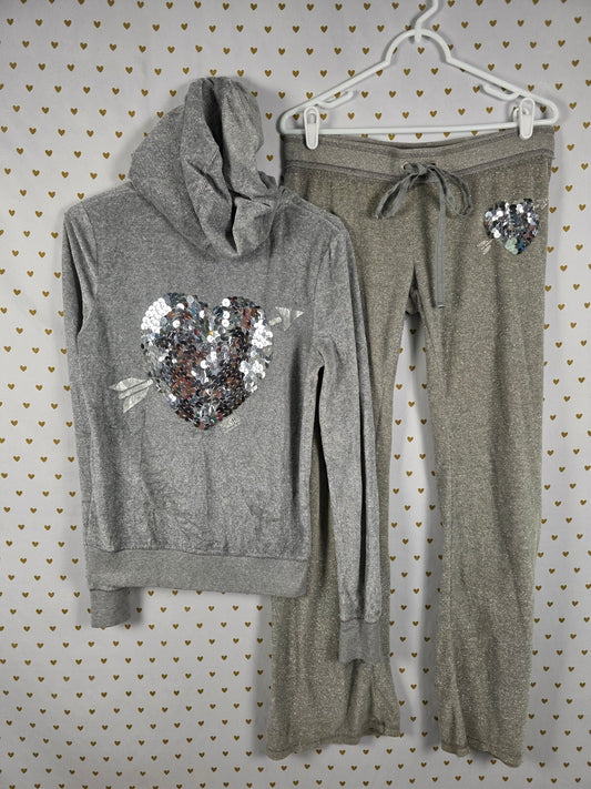 Victorias Secret Pink Vintage BLING Glitter Thread HEART SET Hoodie Sweats MED