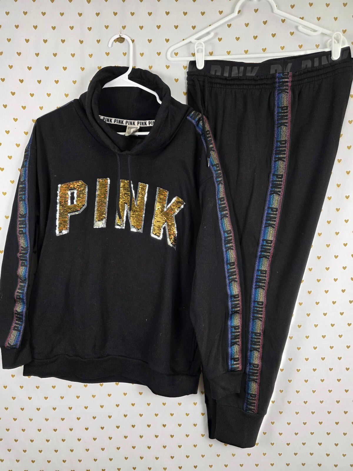 Victoria’s Secret PINK BLING Sequin Hoodie Jogger Set M Rainbow Gold