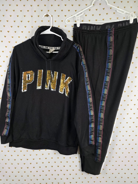 Victoria’s Secret PINK BLING Sequin Hoodie Jogger Set M Rainbow Gold