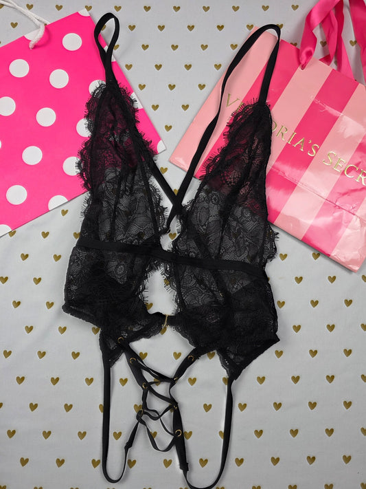 Victorias Secret Sexy Black Crotchless Teddy Bodysuit Lace Sheer Lingerie XS