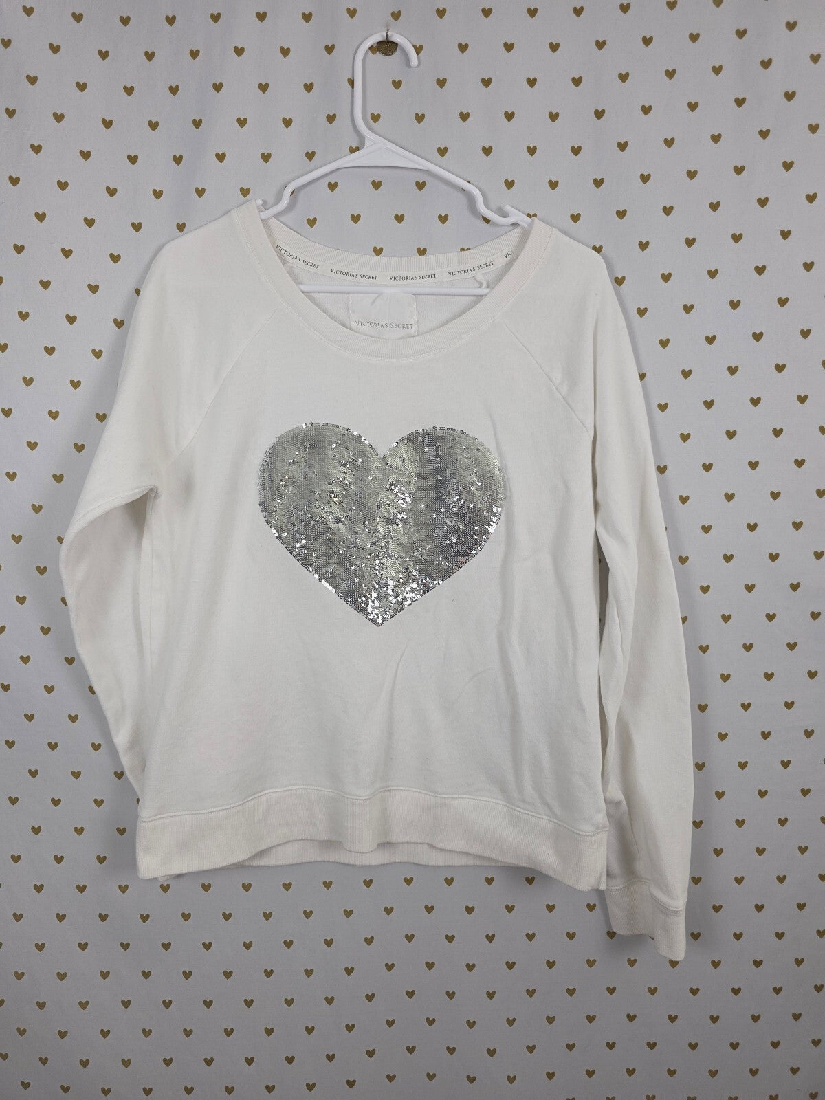 Victorias Secret White Crew Sweater Heart Sequined Bling Shirt Large