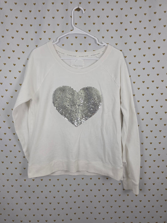 Victorias Secret White Crew Sweater Heart Sequined Bling Shirt Large