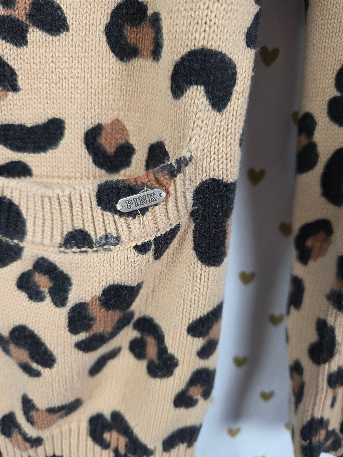 Victoria's Secret PINK Leopard Cardigan Sweater L Tan Animal Print 100% Cotton