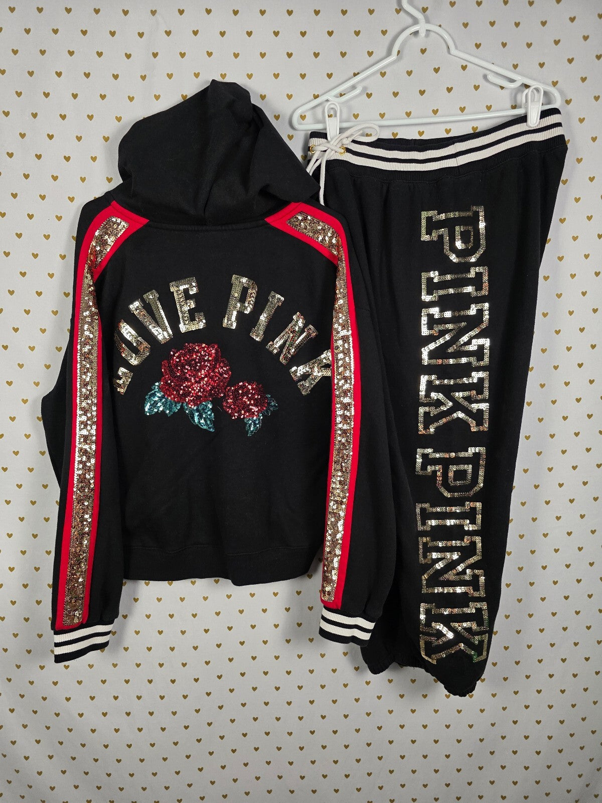Victorias Secret Pink Rose Bling SET Hooded Sweater sequined Sweatpants Large