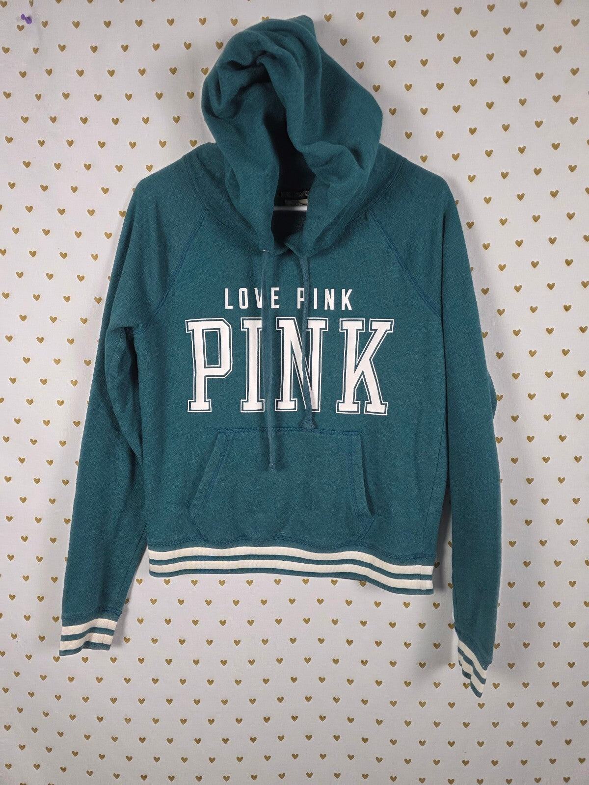 Victorias Secret Pink Teal Logo Pullover Hoodie Sweater MEDIUM