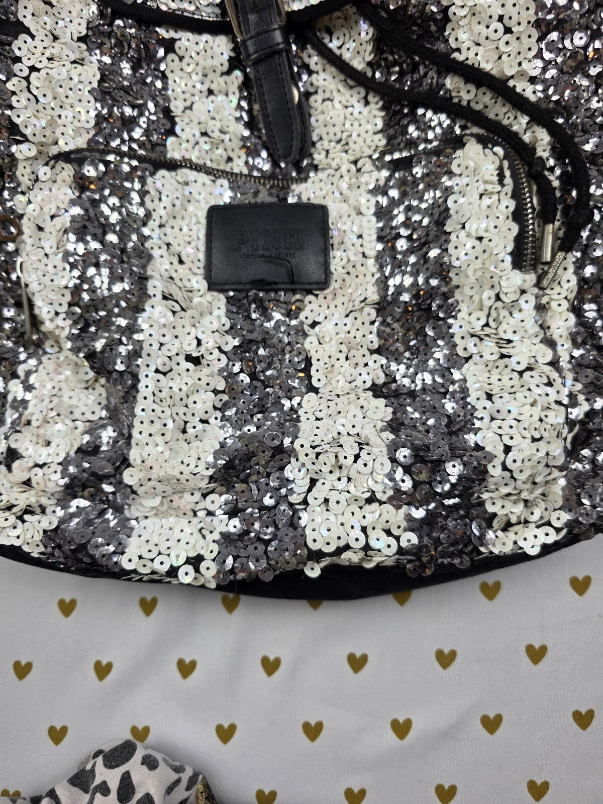 Victoria's Secret PINK BLING Sequin Zebra Stripe Backpack Silver White Black