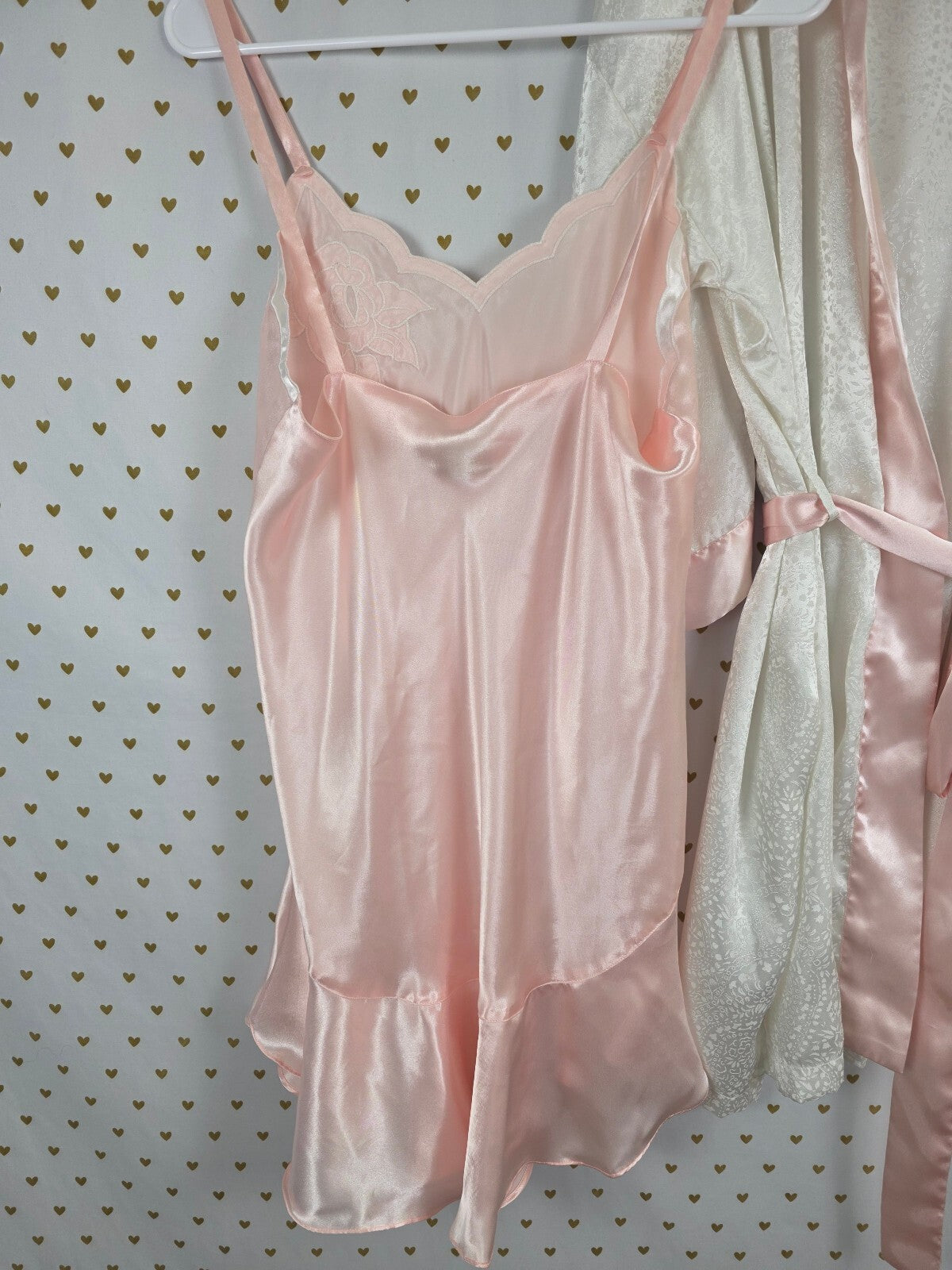 Vintage Victoria's Secret Gold Label Satin Nightgown Robe Set Pink Ivory M