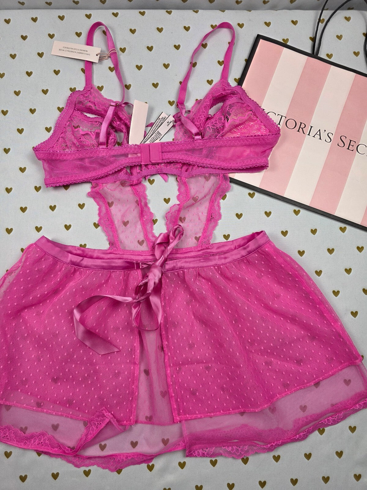 Victoria's Secret French Maid Costume Teddy G-String 2 Pc Set M NWT Hearts