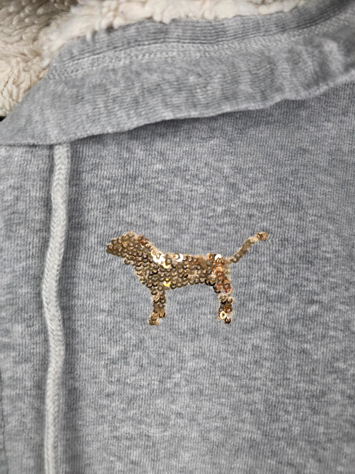 Victorias Secret Pink Vintage Y2k BLING gold Velour Hoodie Jacket FUR LINED Med