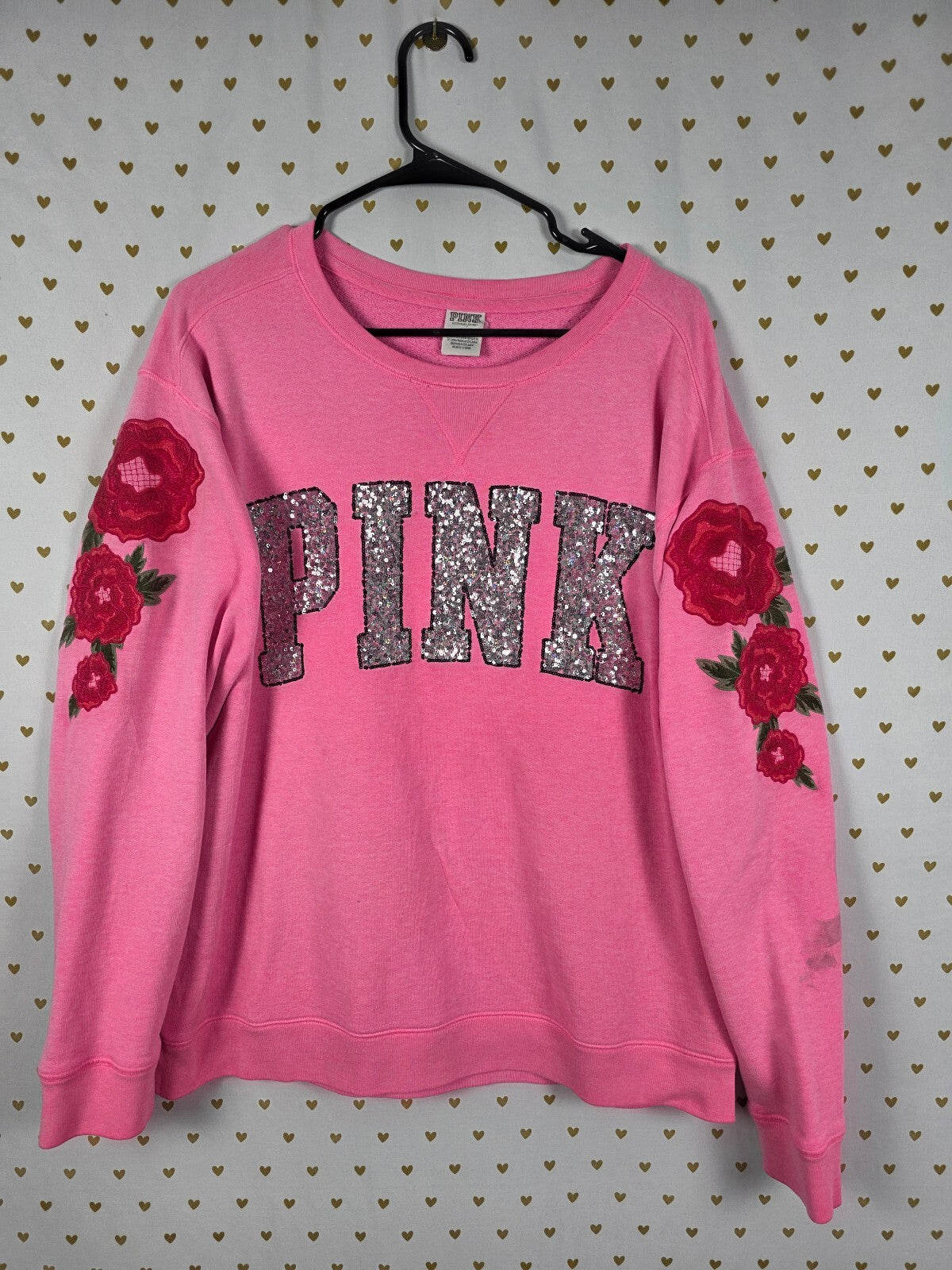Victorias Secret Pink Bling Rose Embroidered Crew Sweater Shirt Large