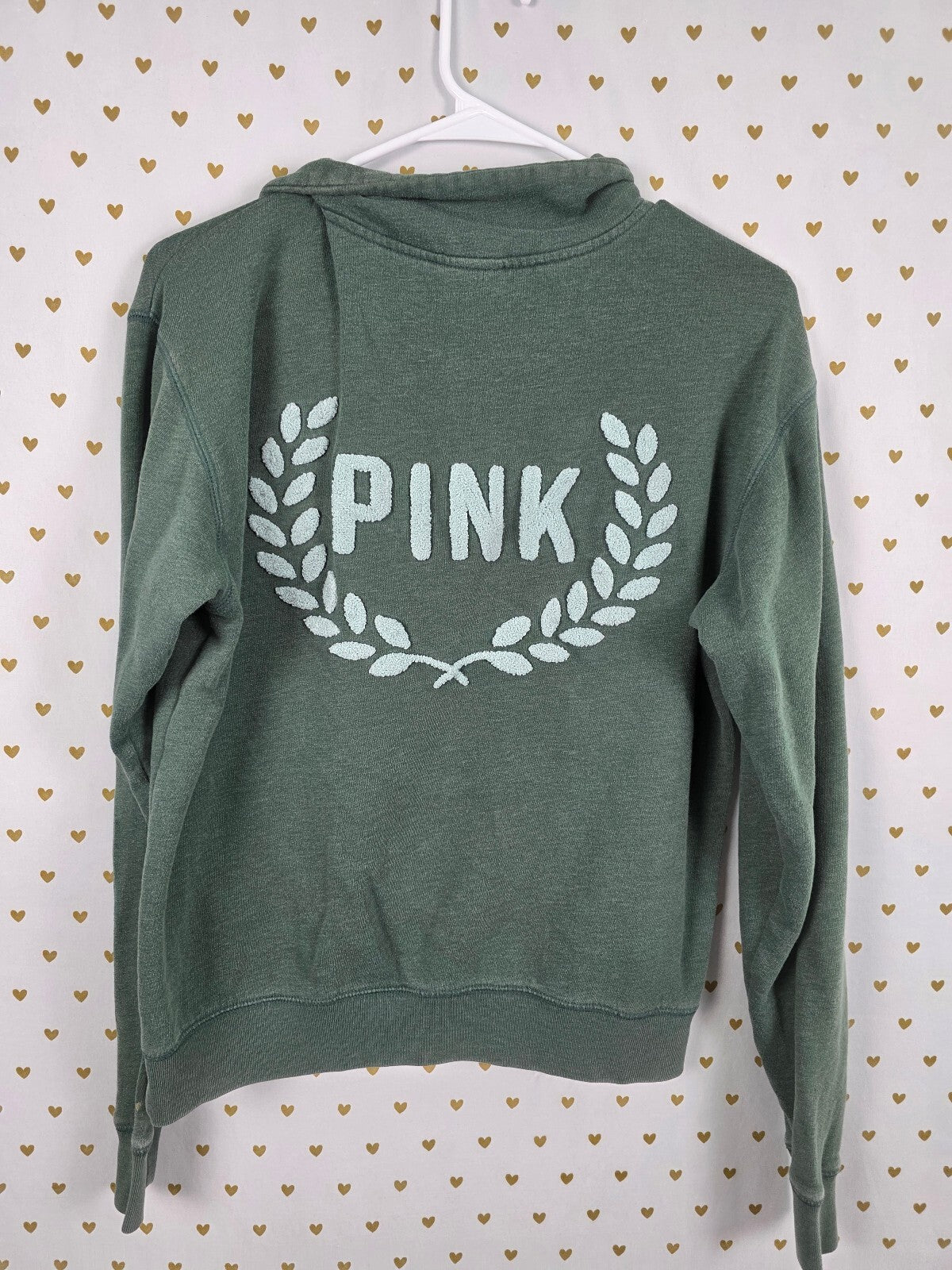 Victorias Secret Pink Green Crest Embroidered Quarter ZIp Sweater Shirt XS