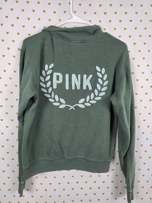 Victorias Secret Pink Green Crest Embroidered Quarter ZIp Sweater Shirt XS