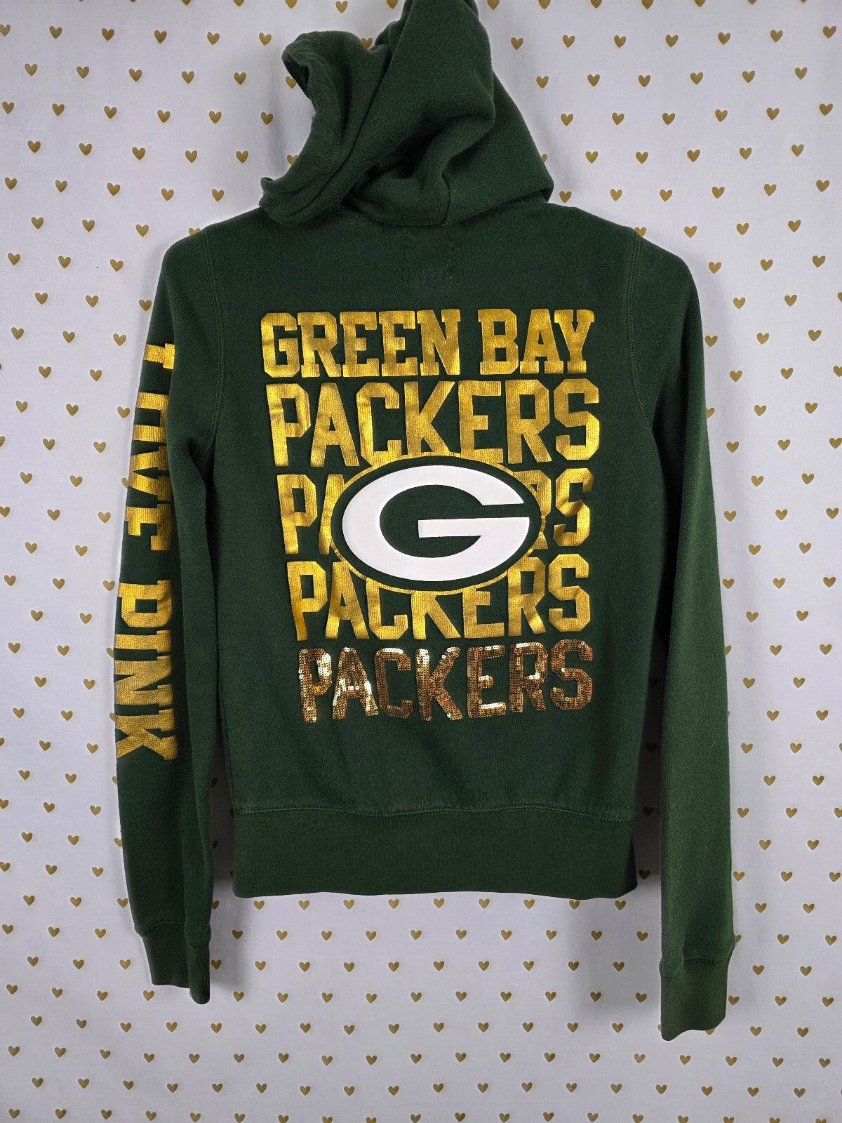VS PINK Green Bay Packers Hoodie S NFL Sequin 21 BLING Full Zip 5th Ocean