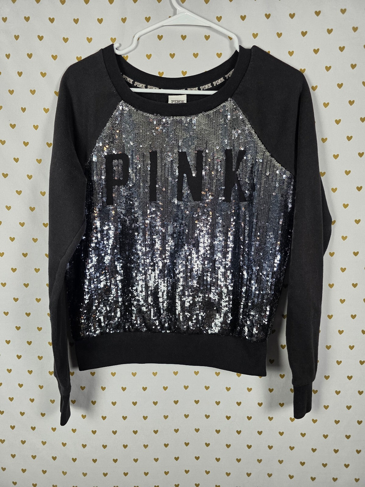 Victoria's Secret PINK Sequin Sweatshirt M Black Silver Pullover Bling Crew