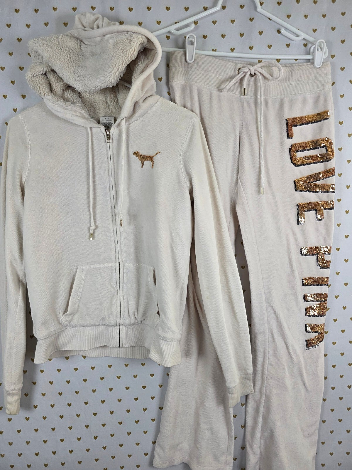 Victoria's Secret PINK Gold Bling LOVE PINK Sherpa Hoodie Yoga Pant Set XS S FUR
