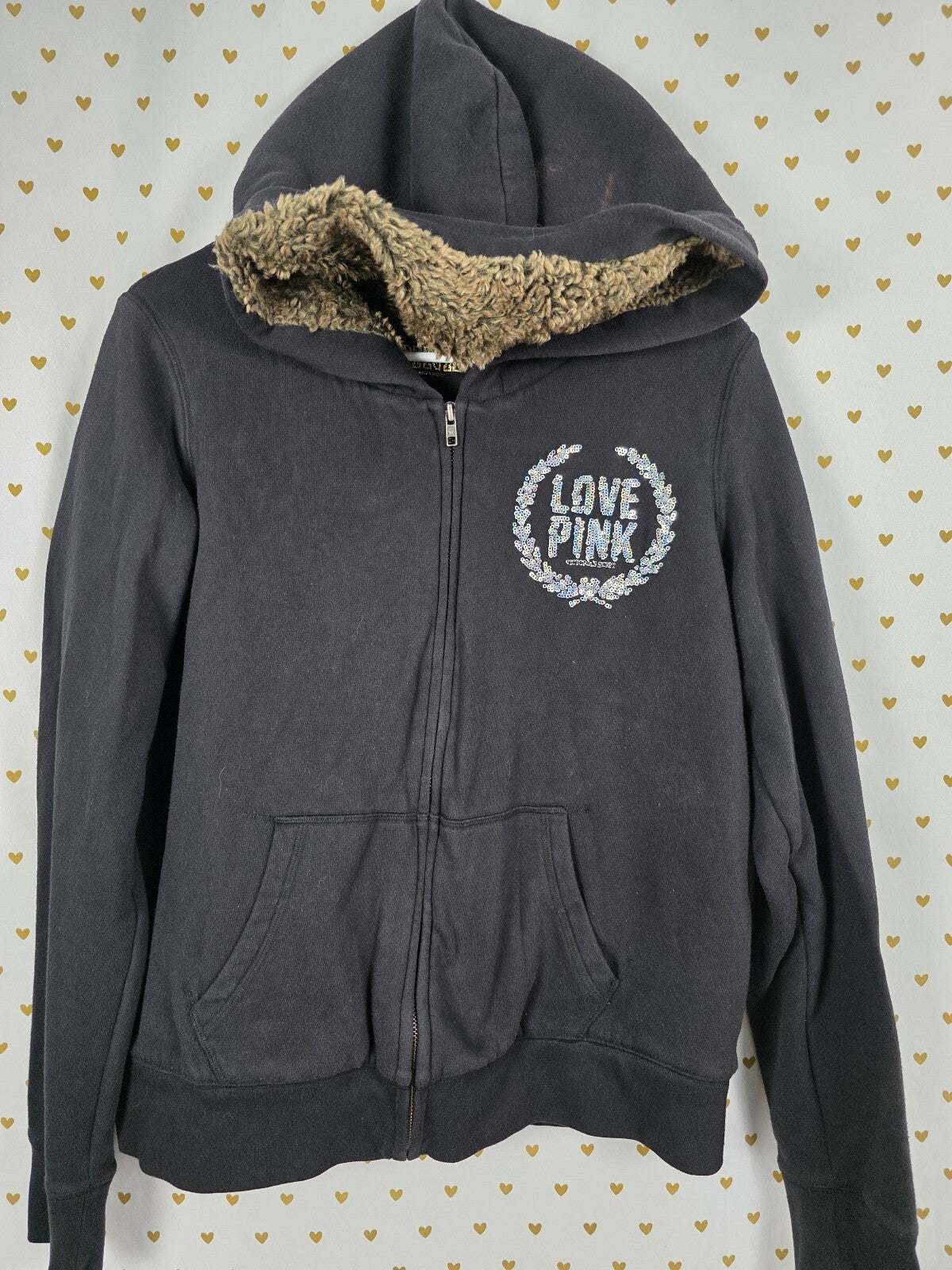 Victorias Secret Pink Fur LIned Crest BLING hoodie jacket Black LARGE