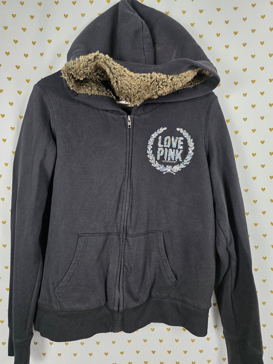Victorias Secret Pink Fur LIned Crest BLING hoodie jacket Black LARGE