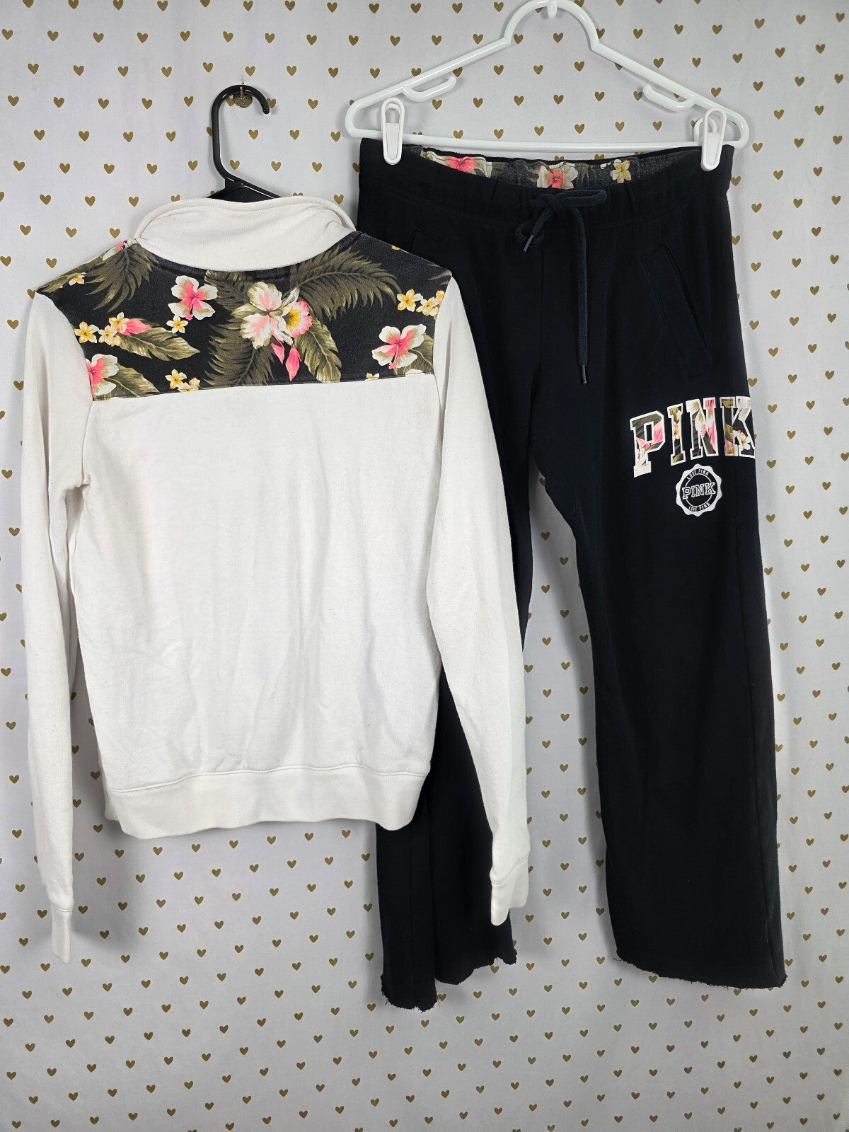 Victorias Secret PINK Vintage Boyfriend Sweats Set Quarter Zip Floral Outfit XS