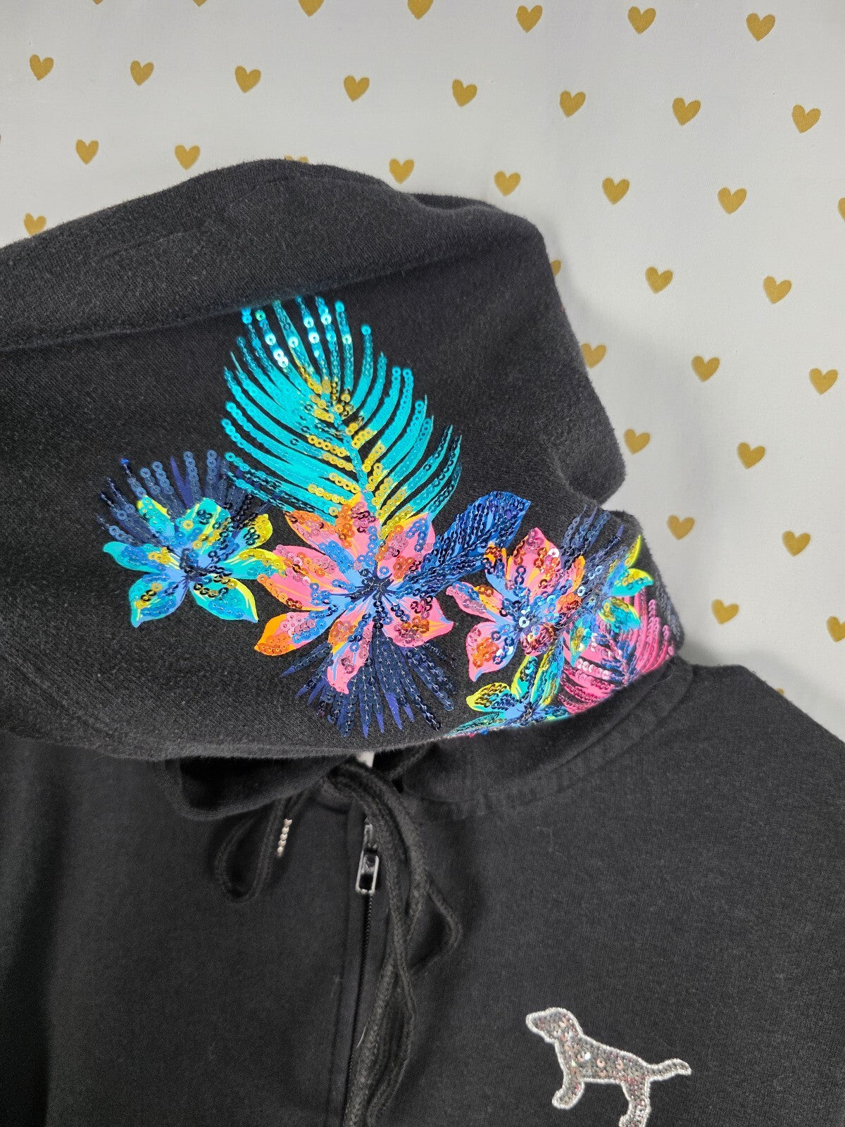 Victorias Secret Pink BLING Sequin Hibiscus Full zip hoodie Jacket HTF MEDIUM