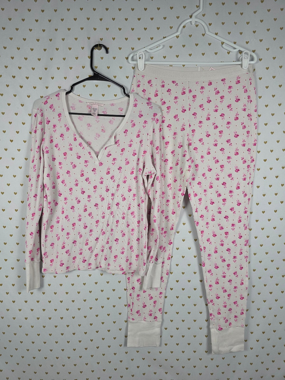 Victorias Secret Thermal Waffle Floral Sleep Set Medium Shirt Henley Pants PJ