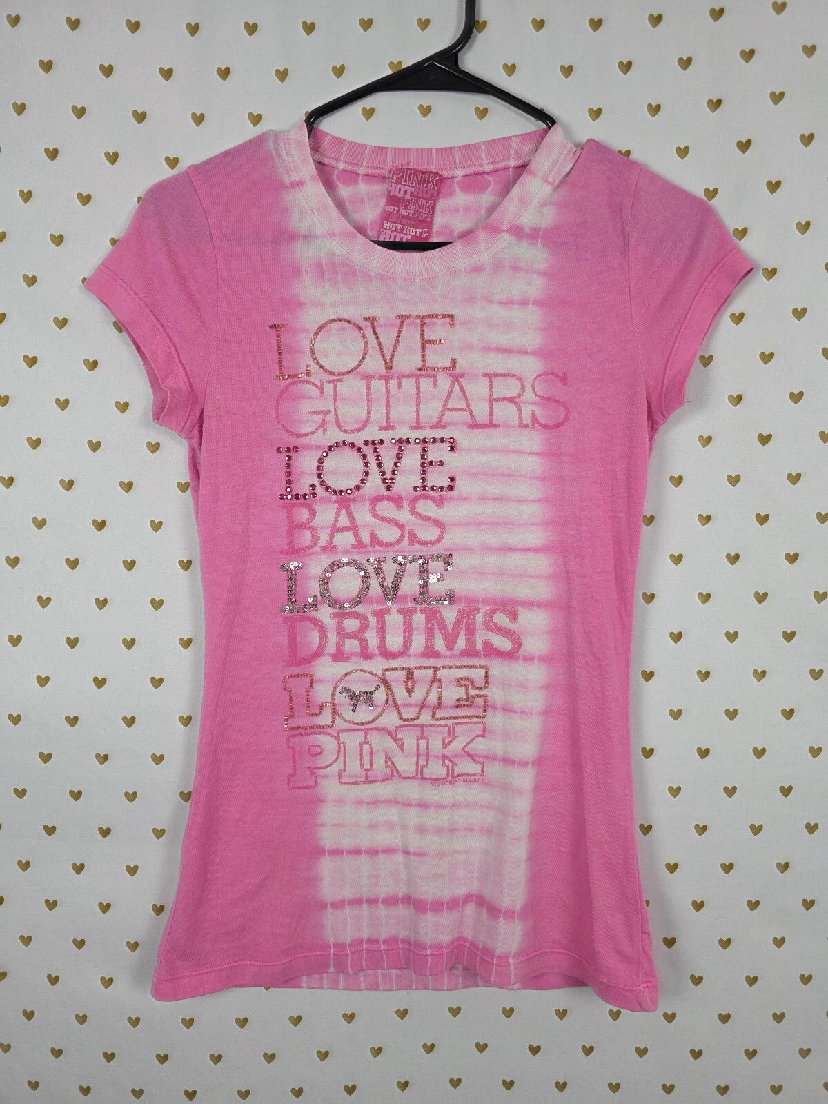 Vintage 2007 VS PINK Love Guitars Bass Drums BLING Tie Dye Tee XS