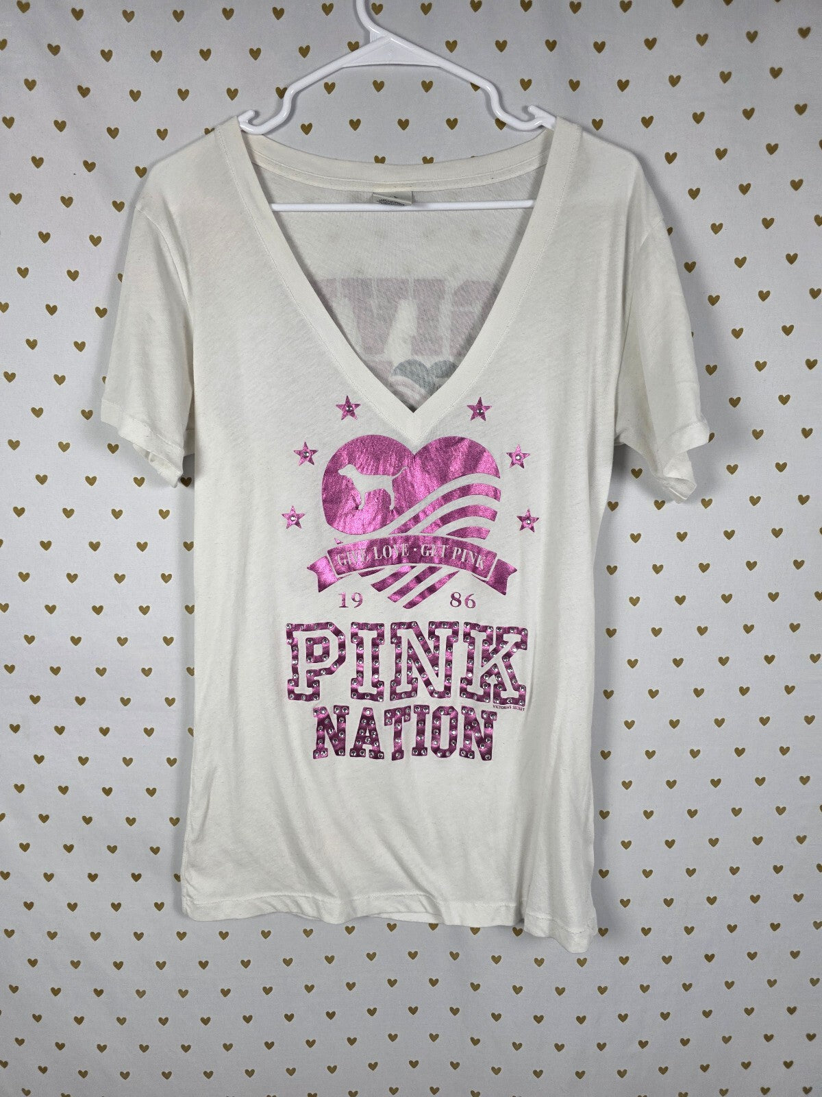 Victorias Secret PINK Vintage Collectors NATION Bling Tee Shirt V Neck Large