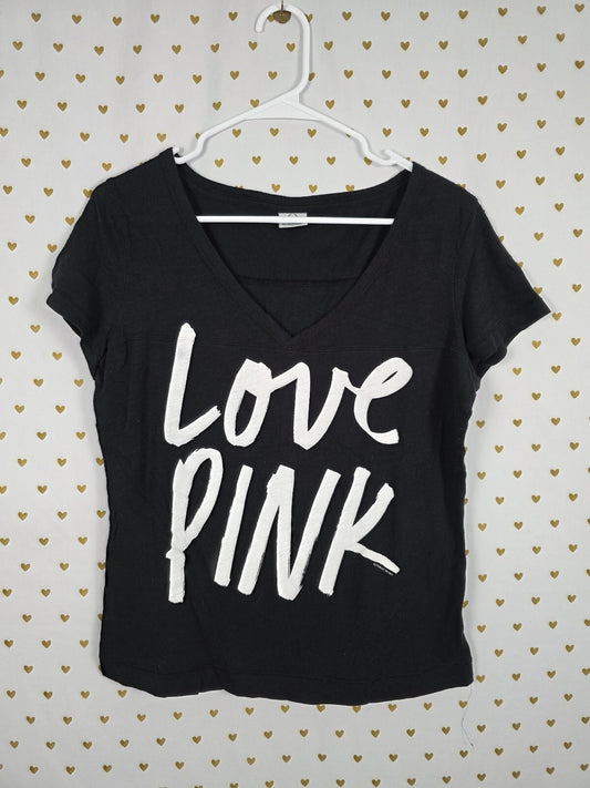 Victorias Secret PINK Vintage LOVE Cropped Black Logo Tee shirt SMALL