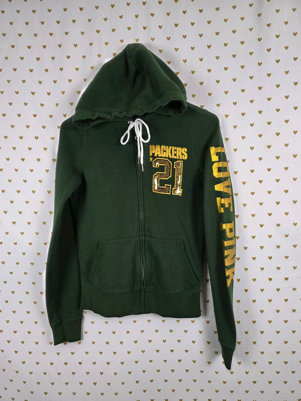 VS PINK Green Bay Packers Hoodie S NFL Sequin 21 BLING Full Zip 5th Ocean