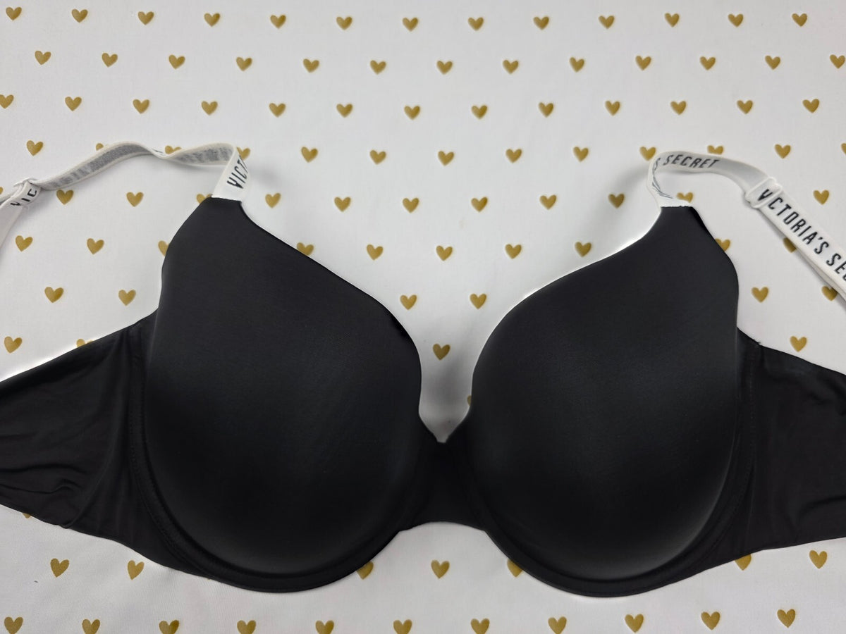 Victorias Secret Black Logo Strap T shirt Lightly Lined Demi Balconette Bra 38DD
