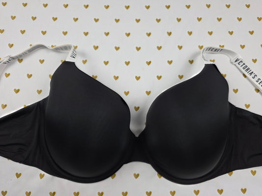 Victorias Secret Black Logo Strap T shirt Lightly Lined Demi Balconette Bra 38DD