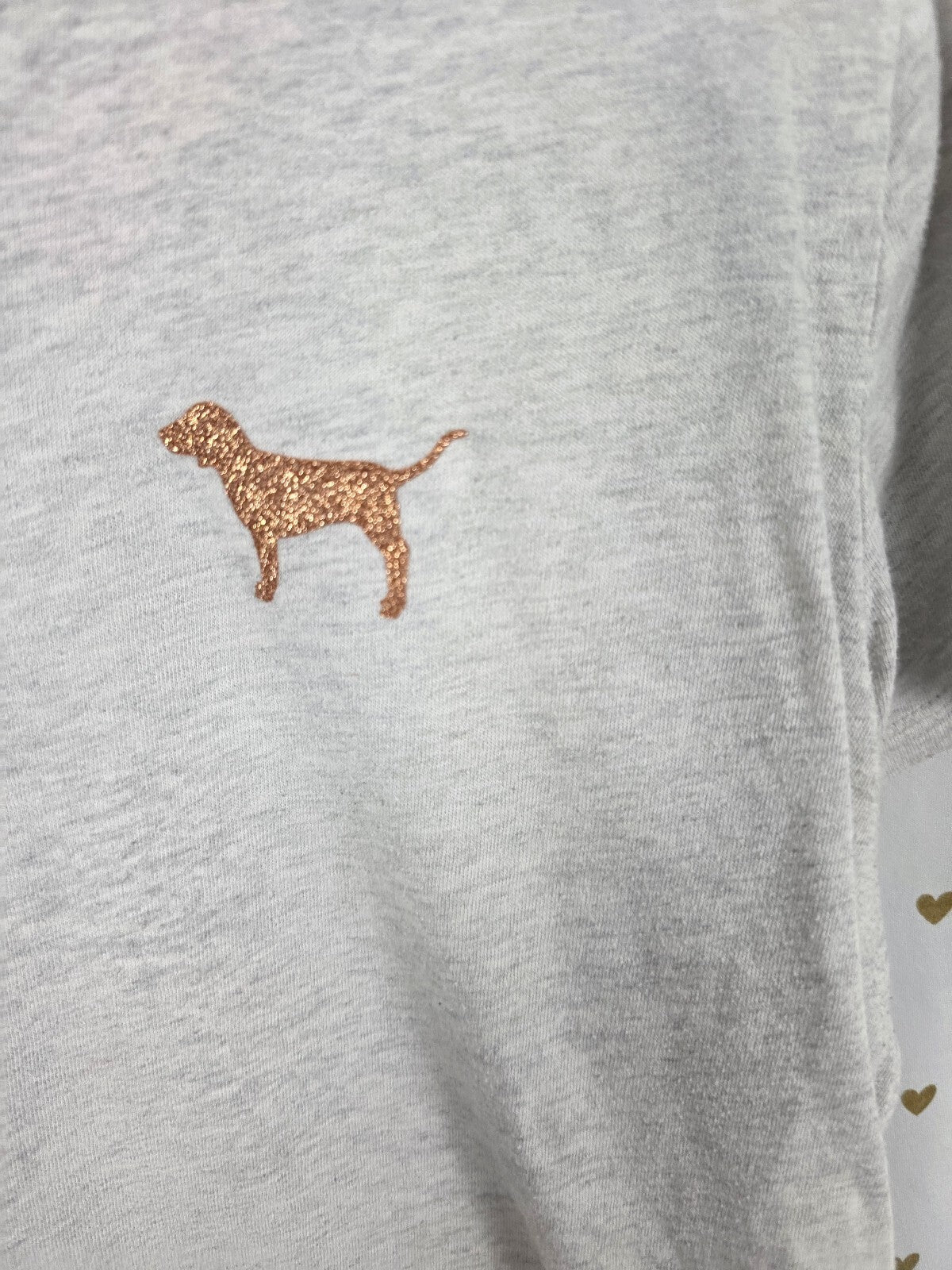 Victorias Secret PINK Gold Glitter Crest Logo Tee shirt Pocket XL