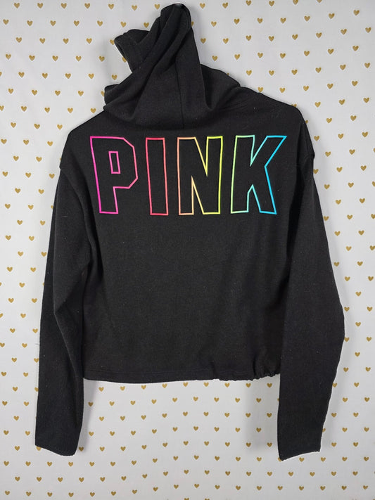PINK Victoria's Secret Black Cropped Hoodie Rainbow Logo Back Drawstring Hem XS