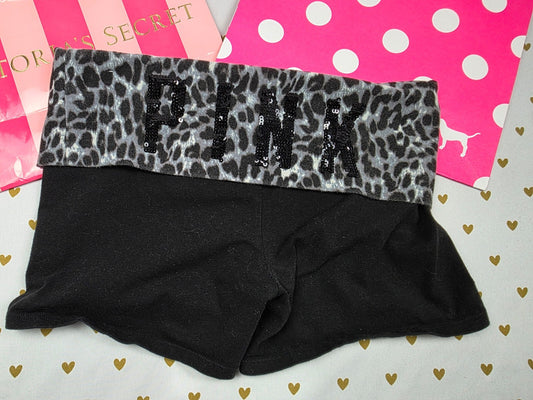 Victorias Secret PINK Bling Sequined Leopard Cheetah Foldover Yoga Shorts SM
