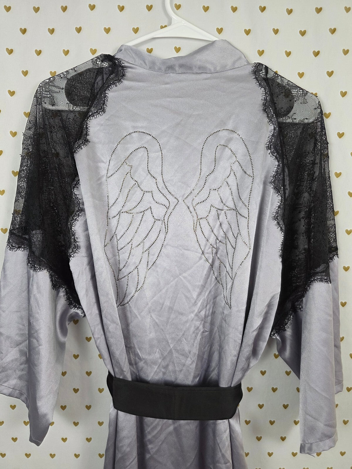 Victoria's Secret Satin Robe M/L Silver Gray Black Lace Rhinestone Angel Wings