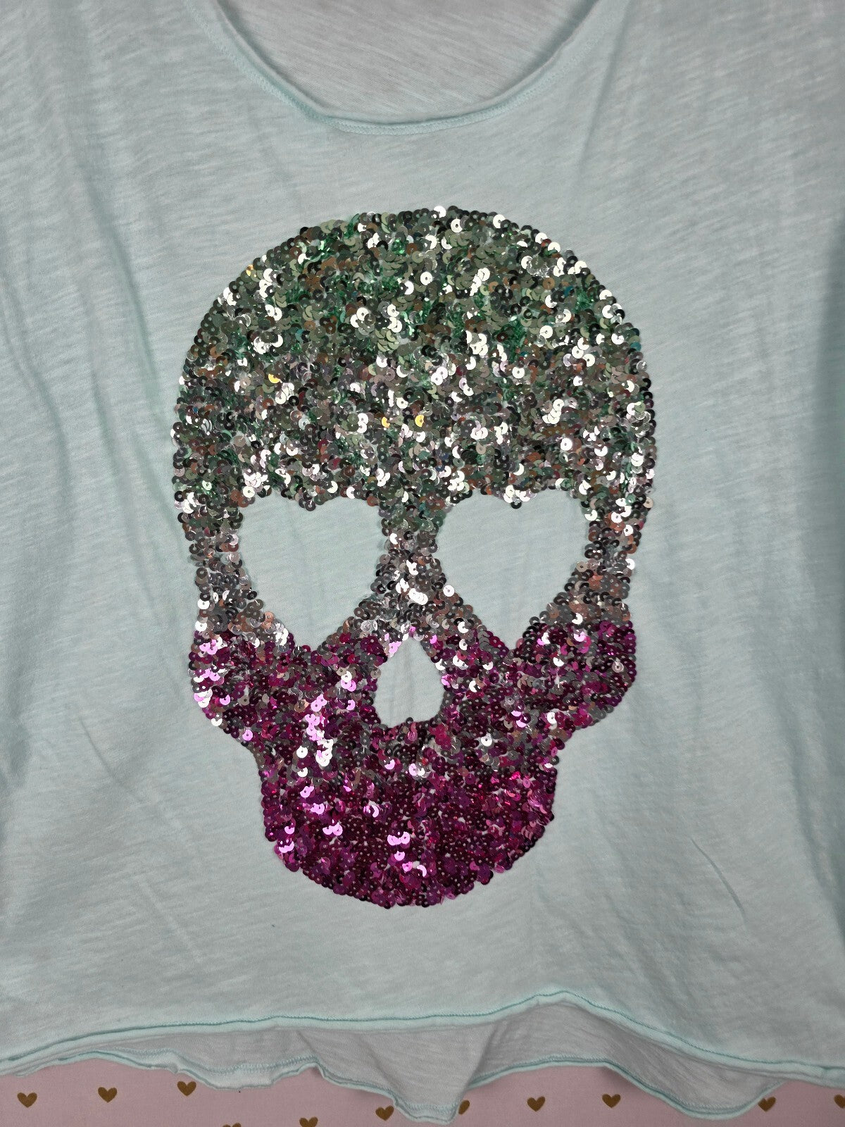Victorias Secret PINK Bling gradient SKULL Tee shirt Halloween LARGE