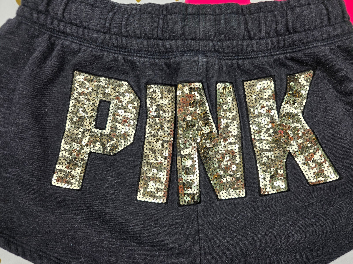 PINK Victoria's Secret Sequin Logo Lounge Shorts Gray Fleece Drawstring Small
