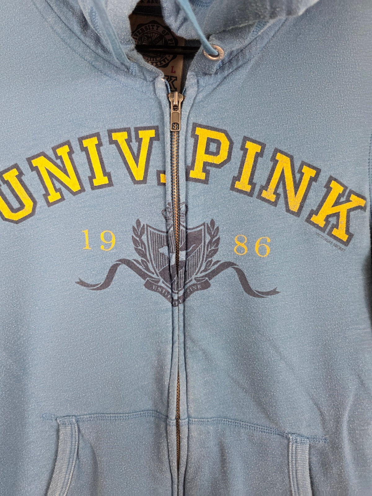 Victorias Secret Pink Vintage UNIVERSITY Full Zip Hoodie Jacket Blue Logo LARGE
