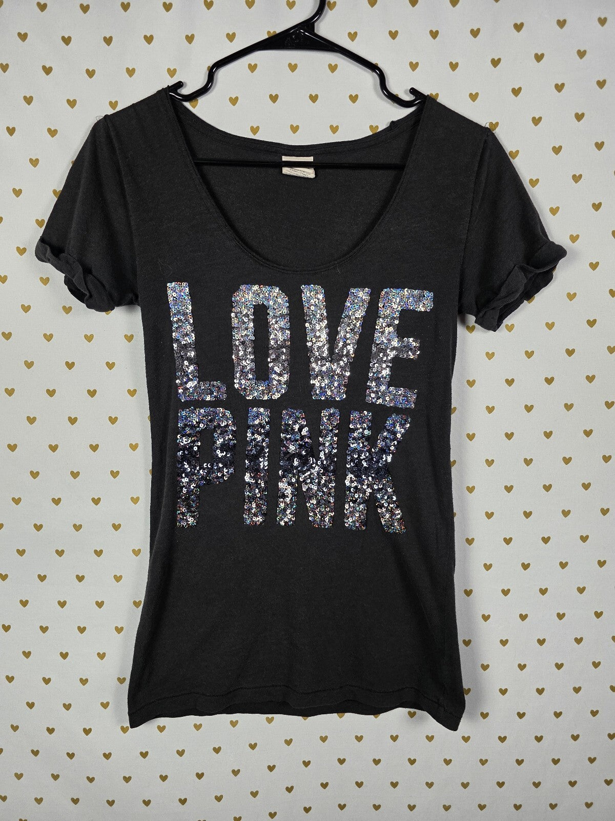 Victorias Secret PINK Vintage Gradient Bling Sequined tee shirt Black Small