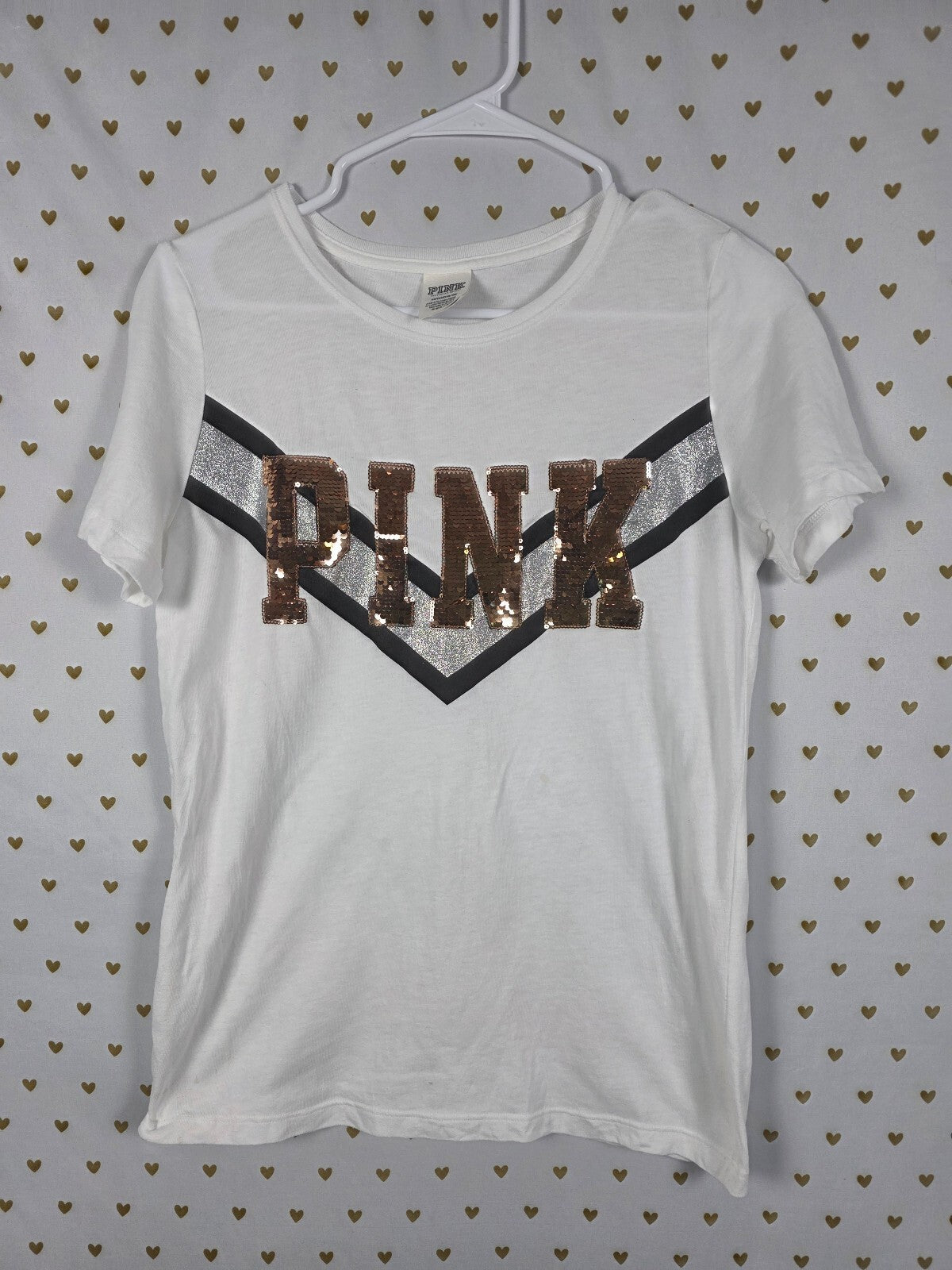 Victorias Secret PINK Small gold Bling Tee shirt White Sequined