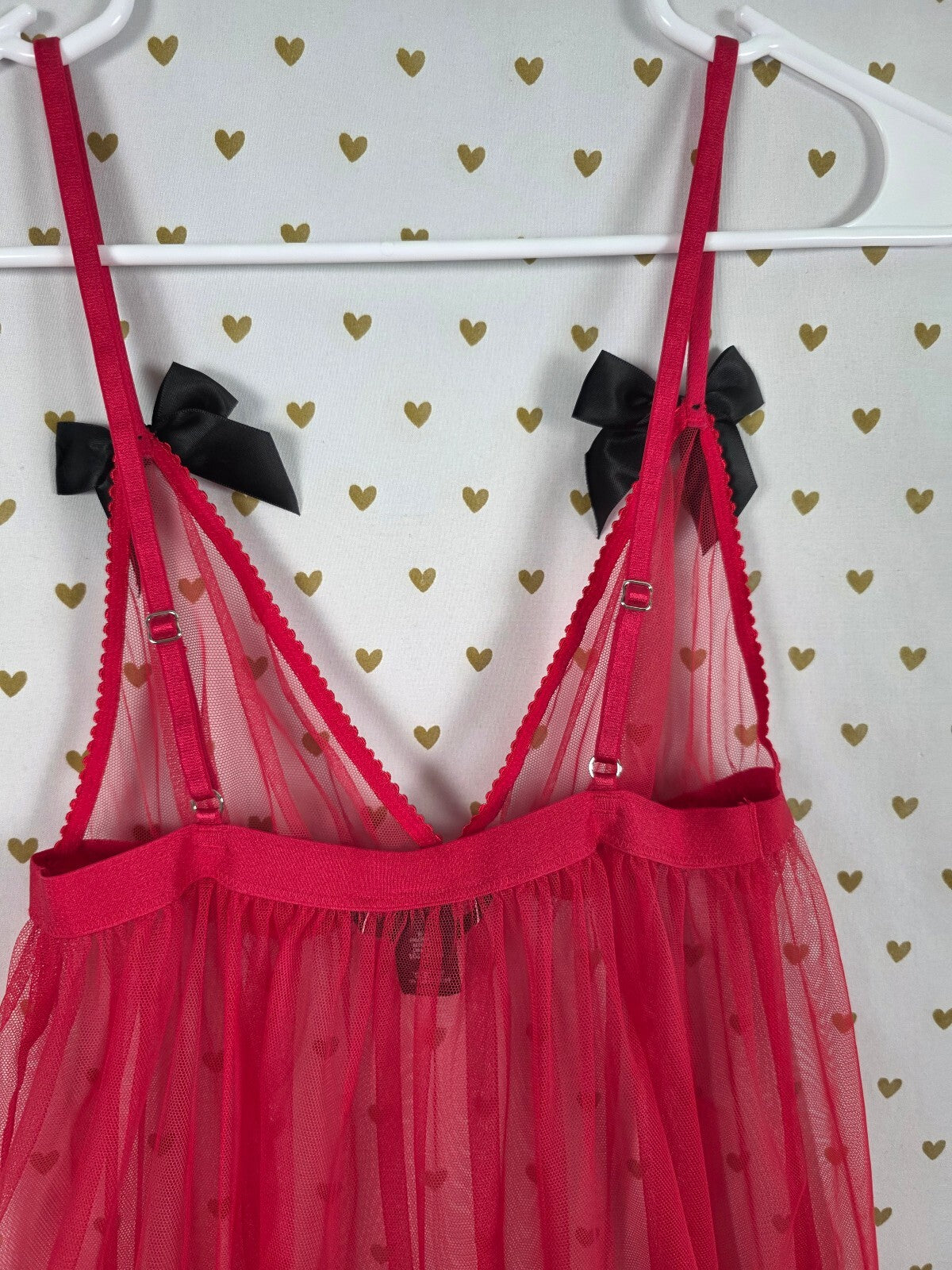 Victoria's Secret Red Heart Mesh Babydoll M Marabou Feather Trim Y2K SANTA XMAS