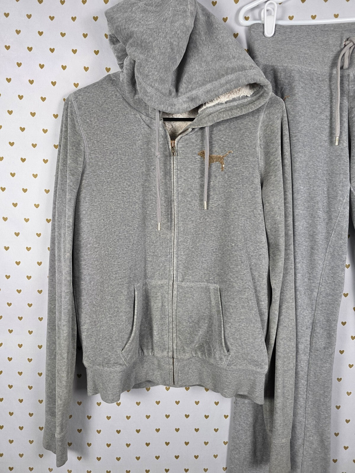 Victorias Secret Pink Fur Lined Bling Vintage Velour SET Hoodie Sweats XS S Grey