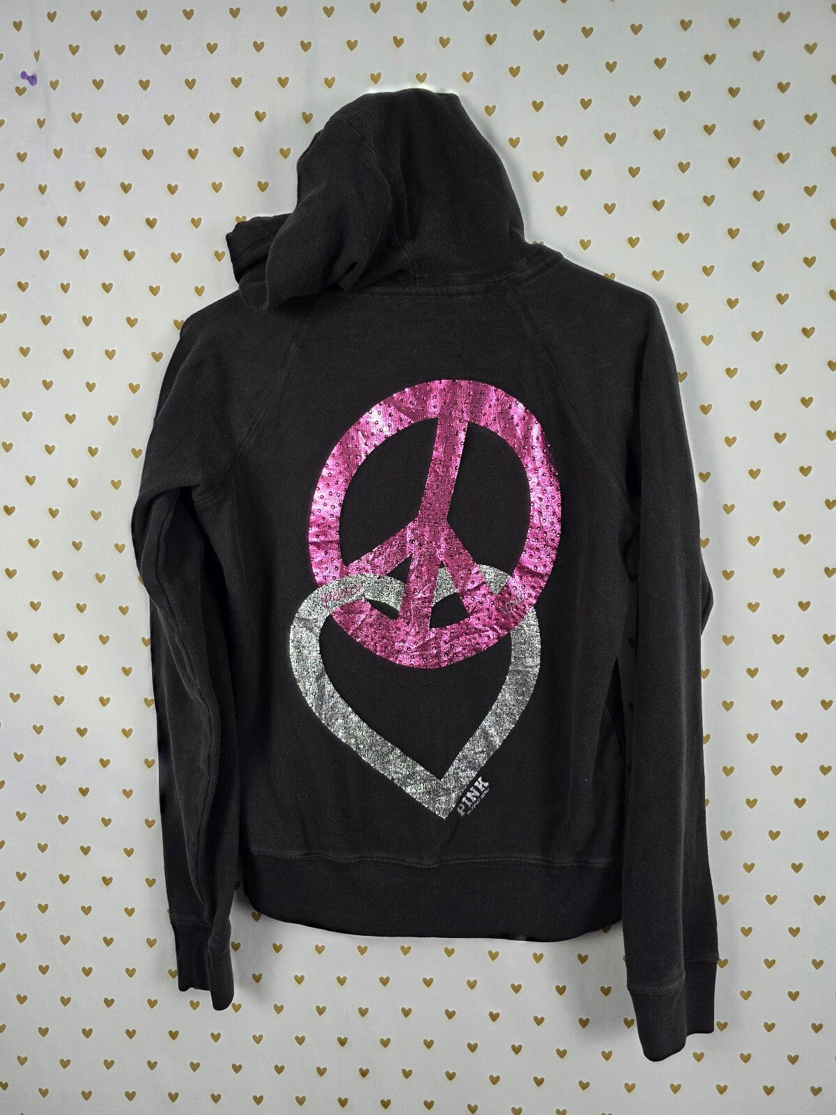 Victorias Secret Pink Vintage Y2k PEACE Love Full ZIp Hoodie Jacket Black Medium