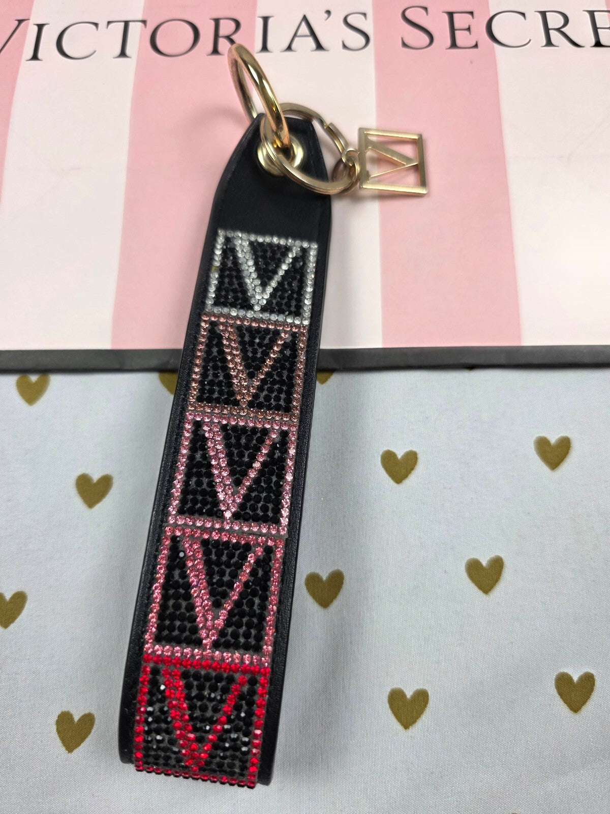 Victoria Secret BLING wristlet strap keychain Handle Rhinestone V logo