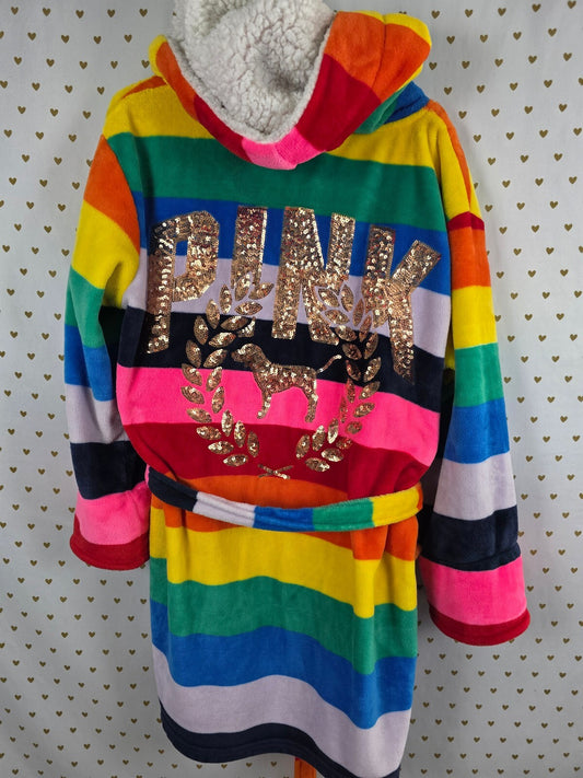 Victoria's Secret PINK Rainbow Stripe Gold Sequin Sherpa Hooded Robe M/L
