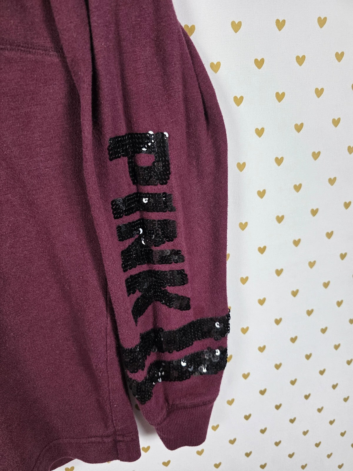 Victorias Secret Pink Maroon Bling Sequined Pullover Hoodie Tee Small