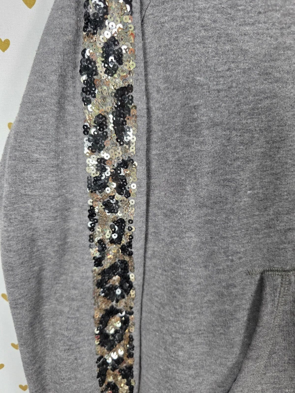 PINK Victoria's Secret Sequin Leopard Sleeve Zip Hoodie LOVE PINK Gray Small