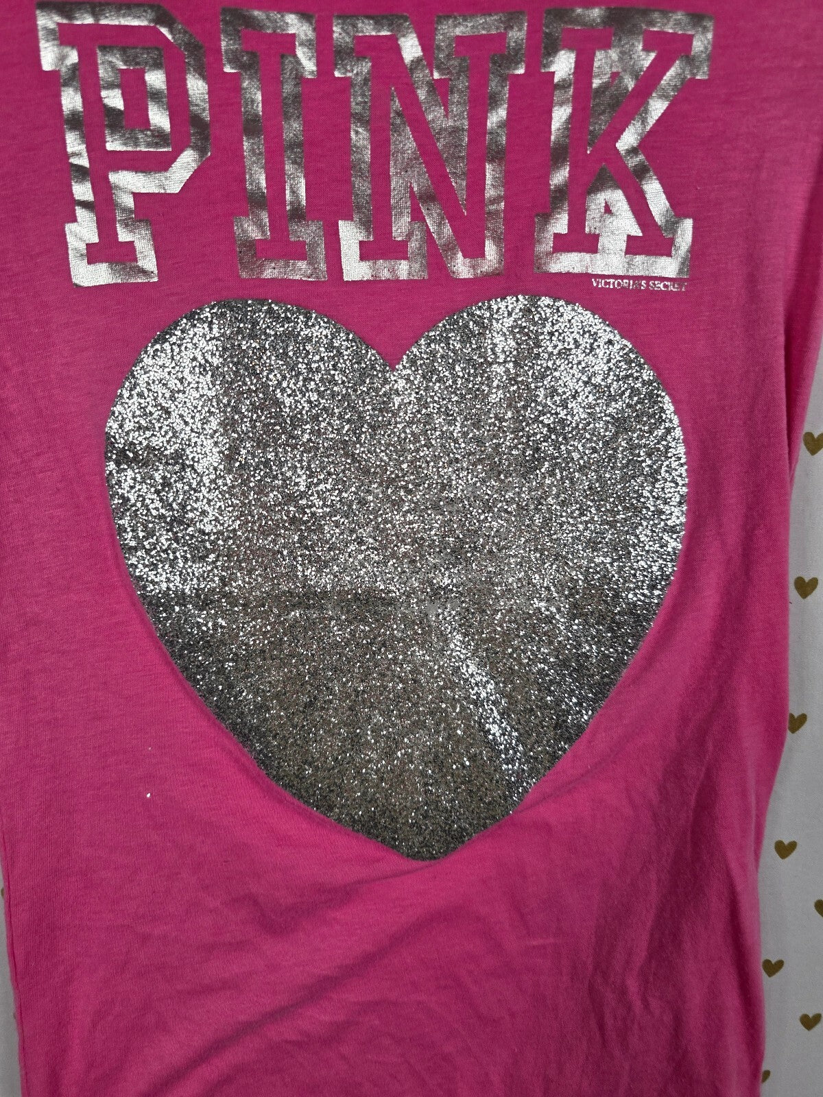 Victorias Secret PINK Vintage FULL GLITTER heart Y2k V Neck Tee shirt XS