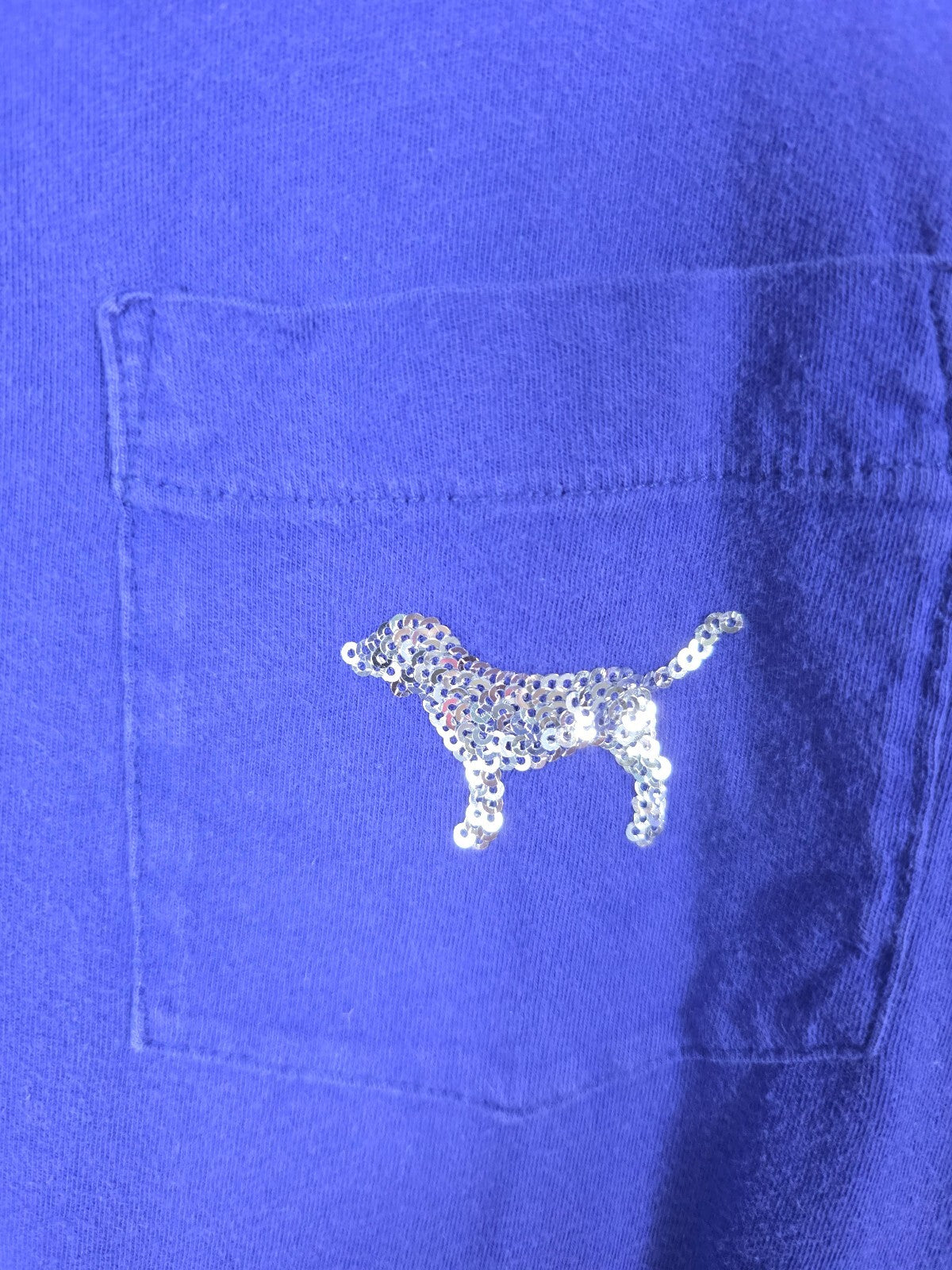 Victorias Secret PINK Blue SILVER BLING Dog Logo Tee shirt XS Oversized