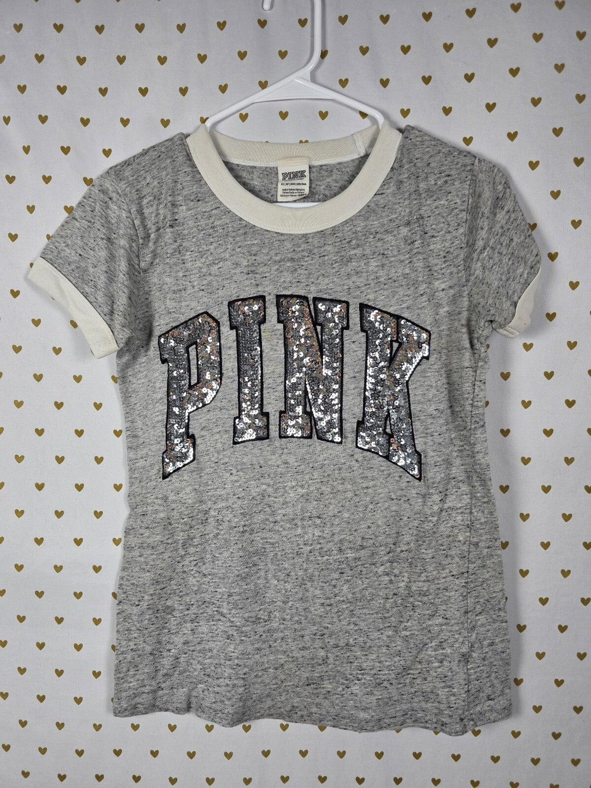 Victorias Secret PINK Grey Bling Sequin Ringer Tee shirt XS